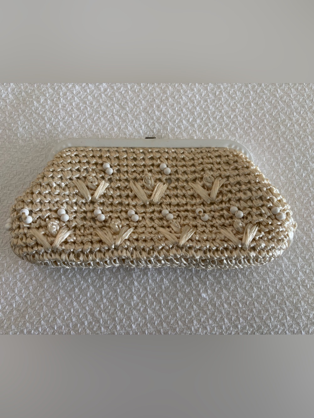 Vintage Beaded Straw Clutch Bag in Natural Beige